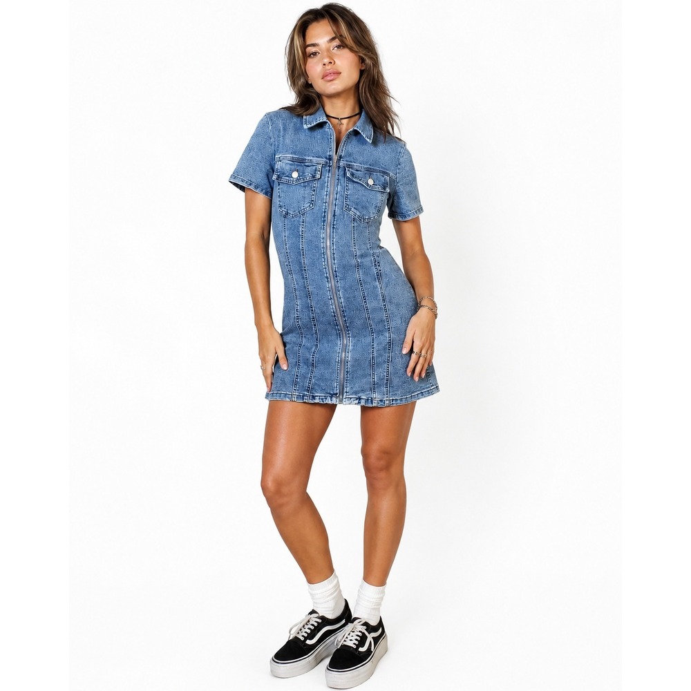 Y2K Skater Grunge Denim Mini Dress Alt Girl Blue Zip Front Stretch Size M Vaca